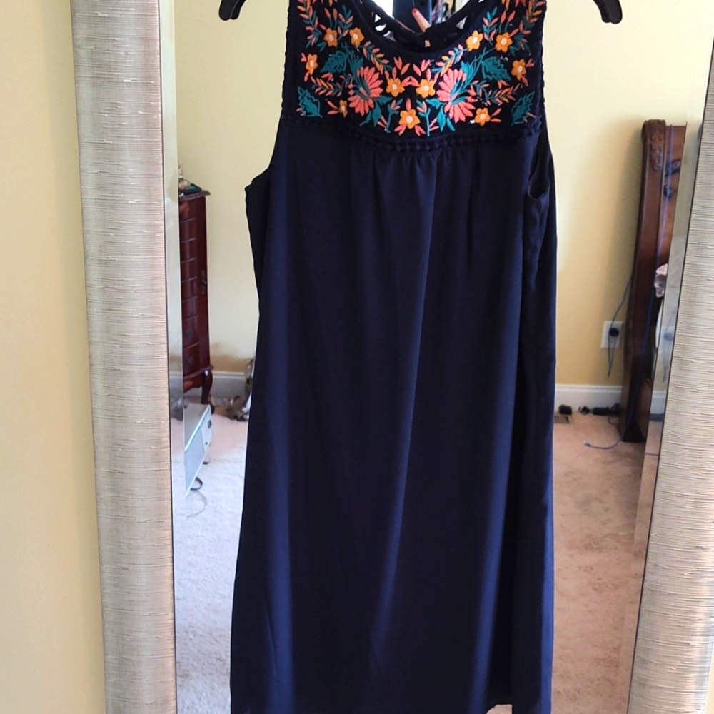 Luxology Navy with lace top lined sheath dress